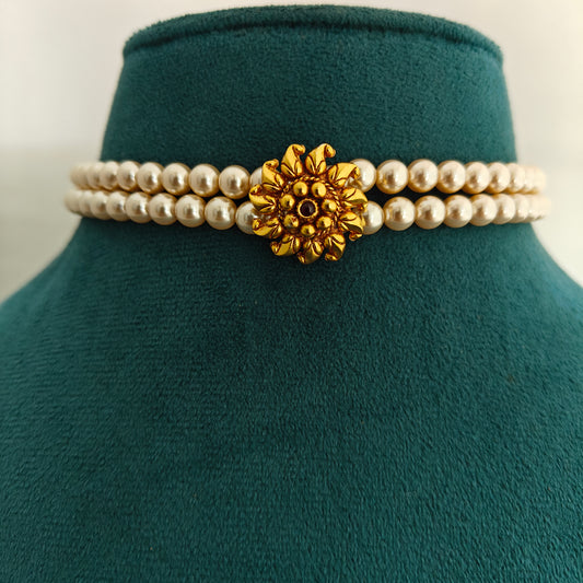 92.5 silver flower design pendent with pearls chocker-RCH1376