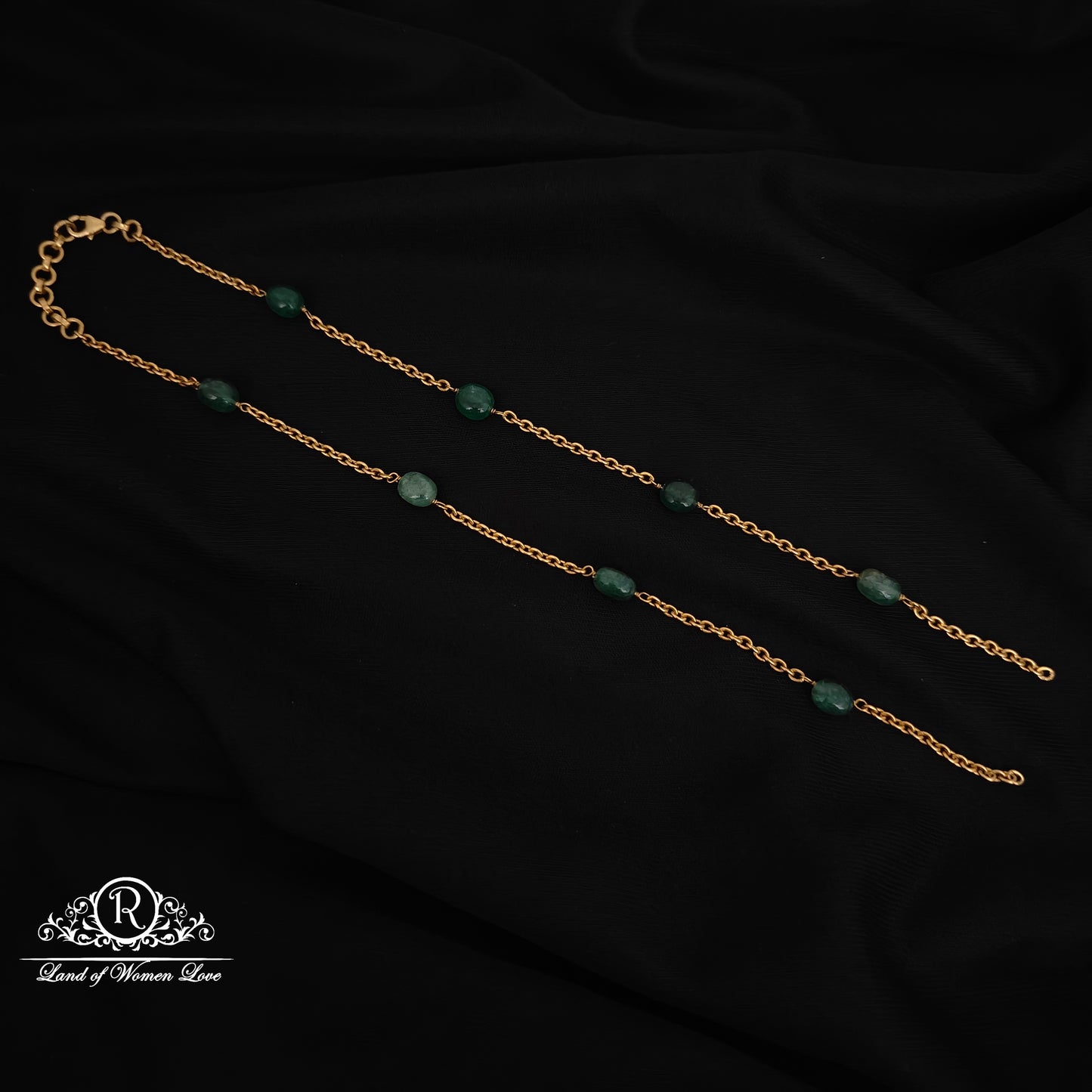 92.5 SILVER GOLD POLISHWITH GREEN BEADS CHAIN -RCH1070