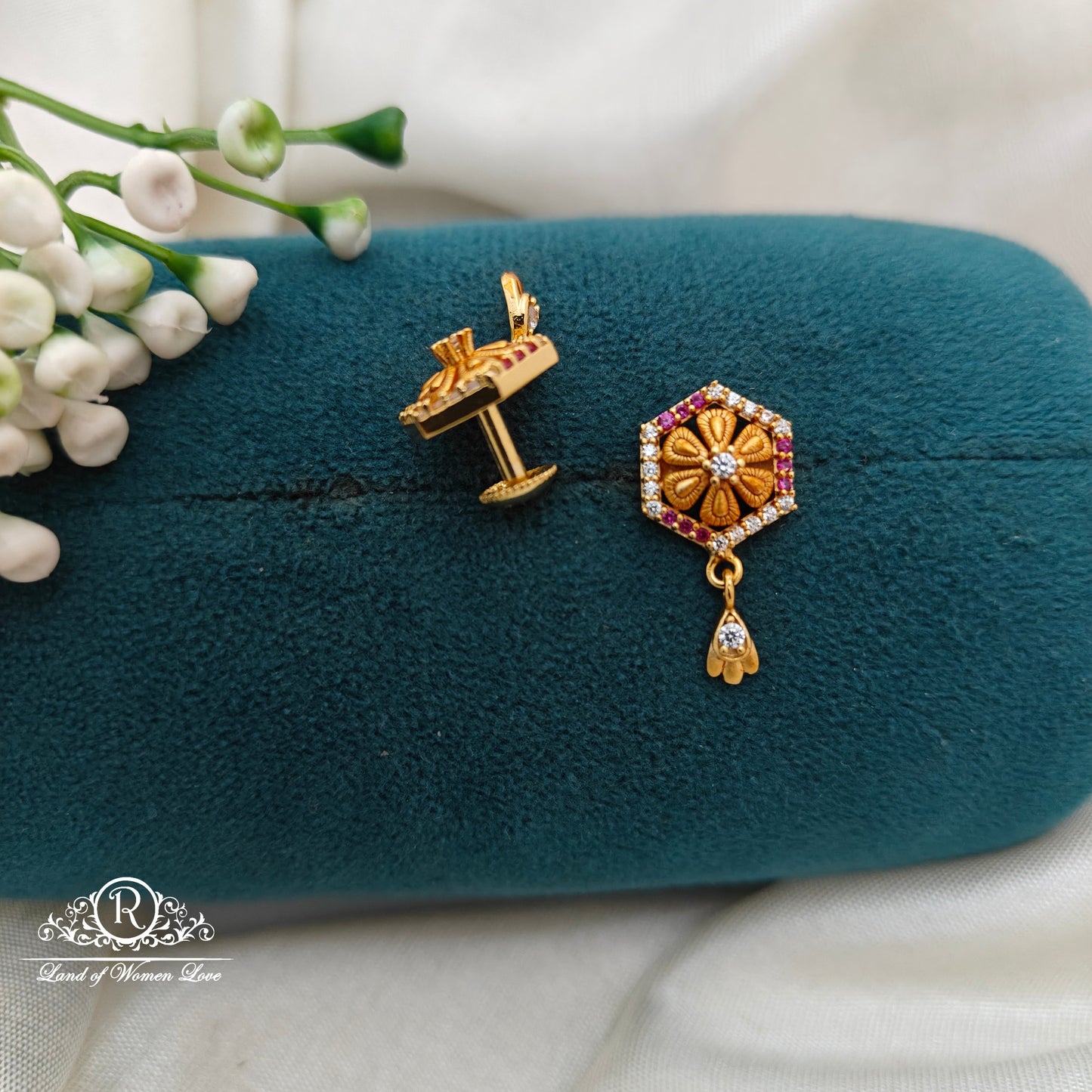 92.5 Silver Small Flower Desgin  Stone  Earrings-RCR057
